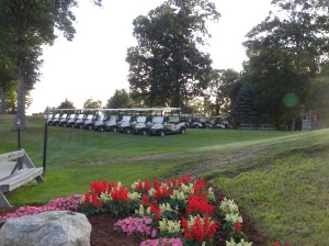A row of golf carts on the course